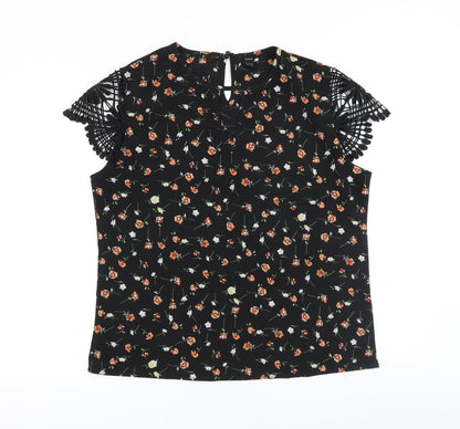 SheIn Womens Black Geometric Polyester Basic Blouse Size L Round Neck - Lace Detail