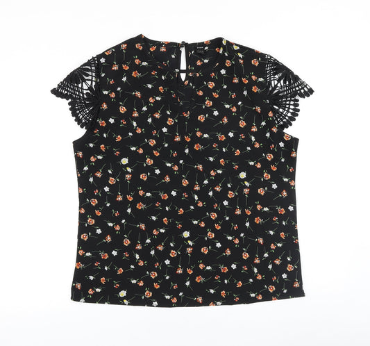 SheIn Womens Black Geometric Polyester Basic Blouse Size L Round Neck - Lace Detail