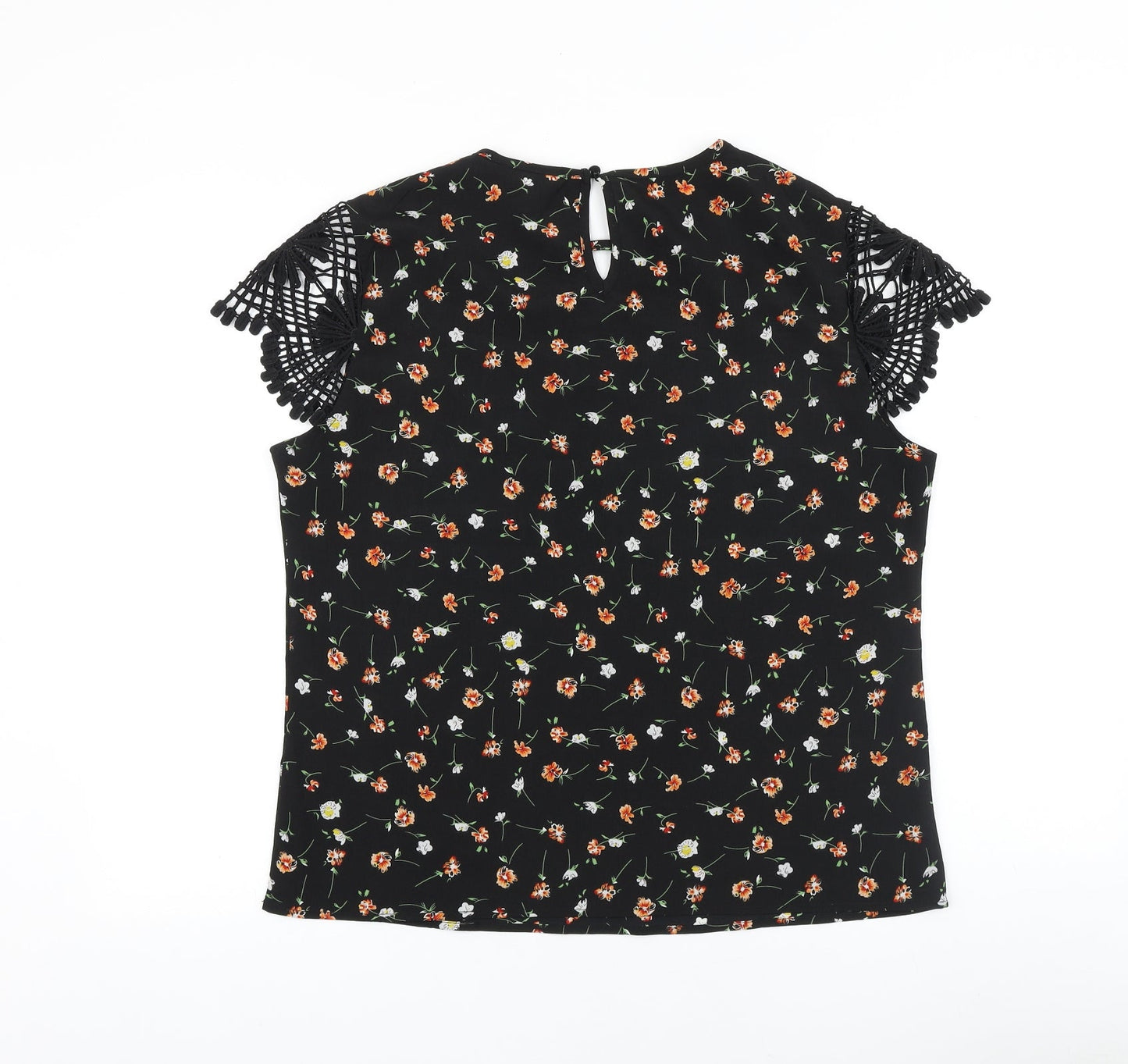 SheIn Womens Black Geometric Polyester Basic Blouse Size L Round Neck - Lace Detail