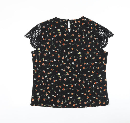 SheIn Womens Black Geometric Polyester Basic Blouse Size L Round Neck - Lace Detail