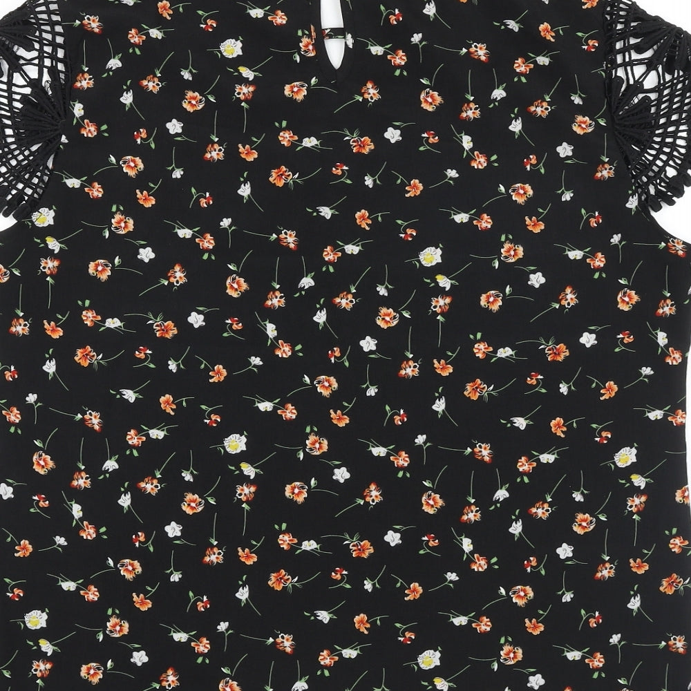 SheIn Womens Black Geometric Polyester Basic Blouse Size L Round Neck - Lace Detail