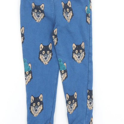 Marks and Spencer Boys Blue Geometric 100% Cotton Jogger Trousers Size 3-4 Years Regular Drawstring - Wolf