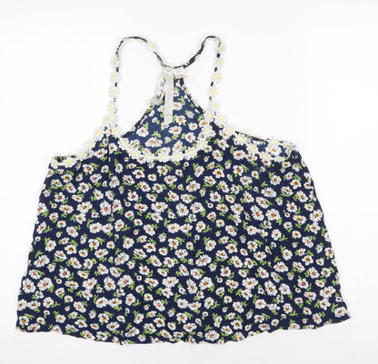 Fun & Flint Womens Blue Floral Viscose Camisole Tank Size L Scoop Neck - Racerback