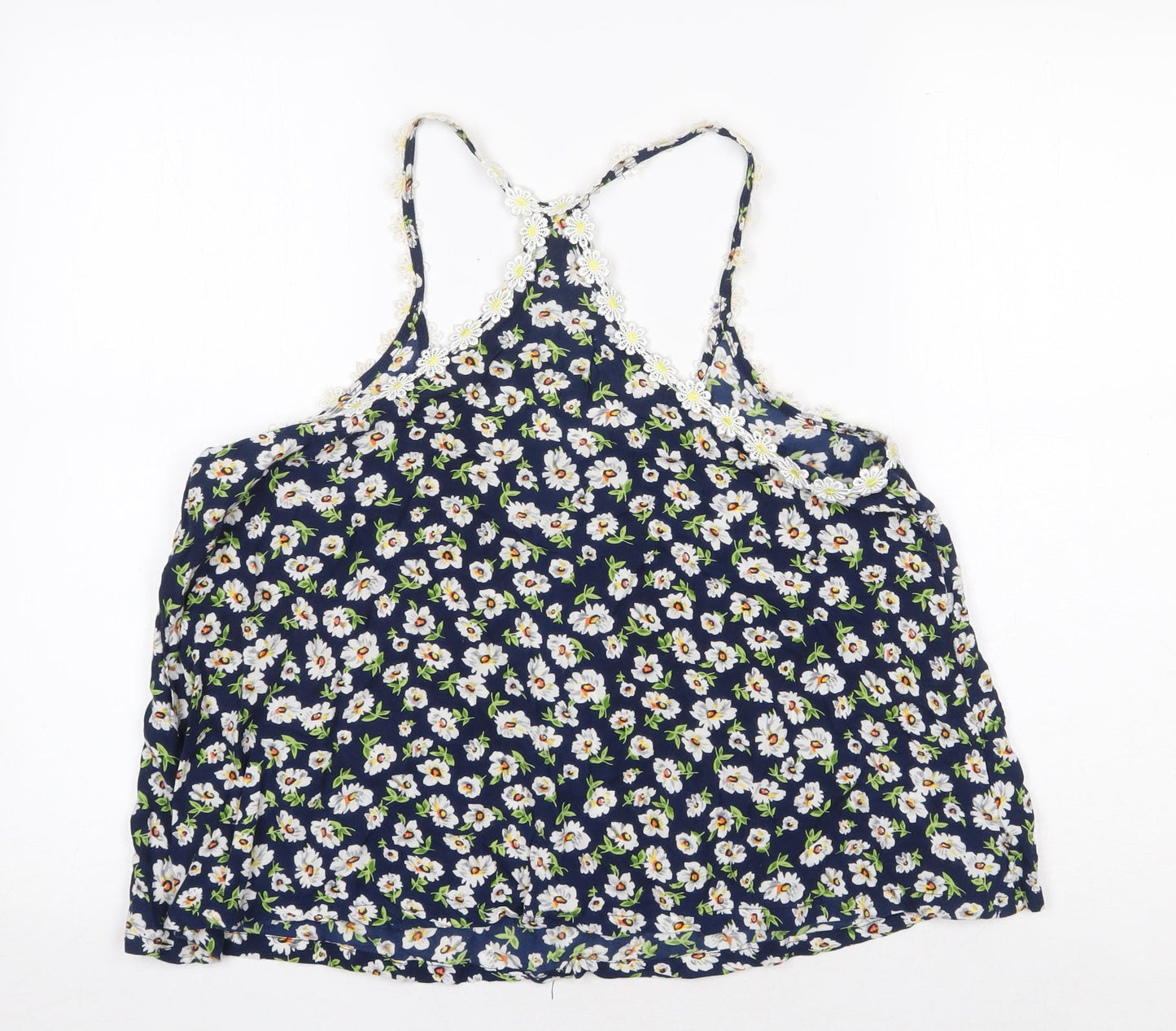Fun & Flint Womens Blue Floral Viscose Camisole Tank Size L Scoop Neck - Racerback