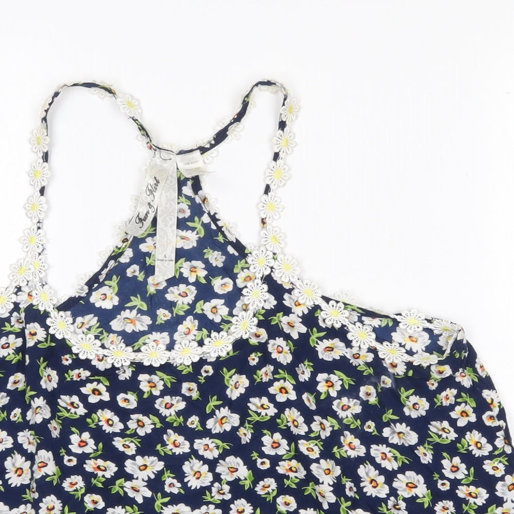 Fun & Flint Womens Blue Floral Viscose Camisole Tank Size L Scoop Neck - Racerback