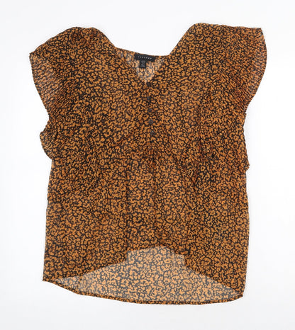 Topshop Womens Orange Animal Print Polyester Basic Blouse Size 8 V-Neck - Leopard Print