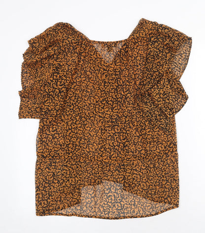 Topshop Womens Orange Animal Print Polyester Basic Blouse Size 8 V-Neck - Leopard Print
