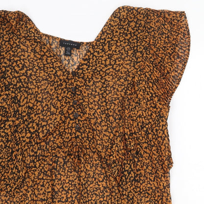 Topshop Womens Orange Animal Print Polyester Basic Blouse Size 8 V-Neck - Leopard Print