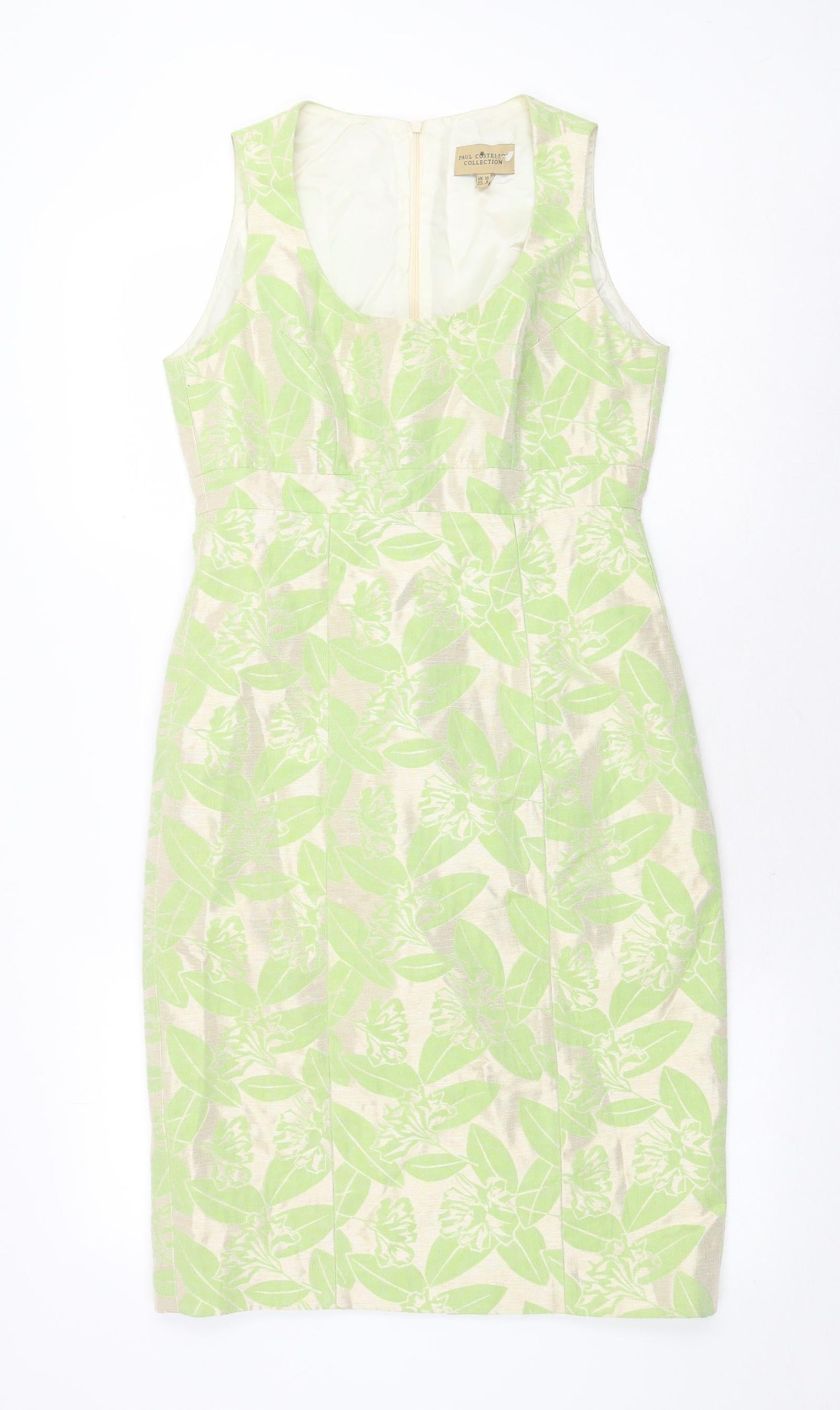 Paul Costelloe Womens Green Floral Polyester A-Line Size 10 Round Neck Zip