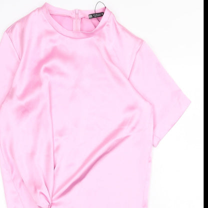 Zara Womens Pink Polyester T-Shirt Dress Size S Round Neck Zip