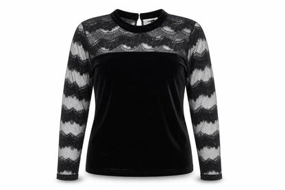 JUNAROSE Womens Black Striped Polyester Basic Blouse Size M Round Neck - Mesh Lace Sleeve