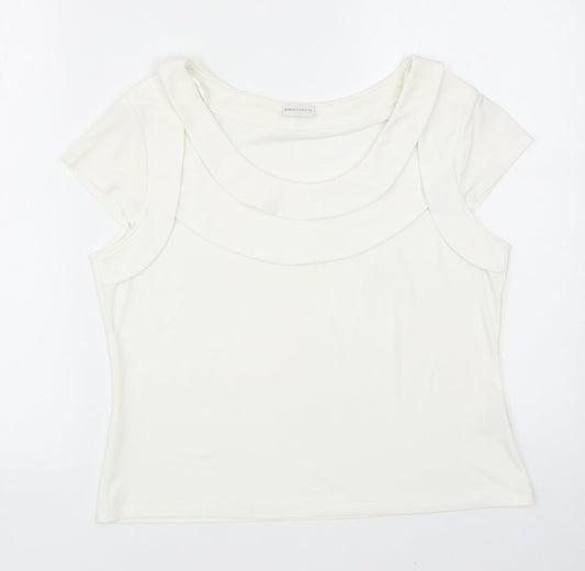 Minuet Womens Ivory Polyester Basic T-Shirt Size 14 Round Neck