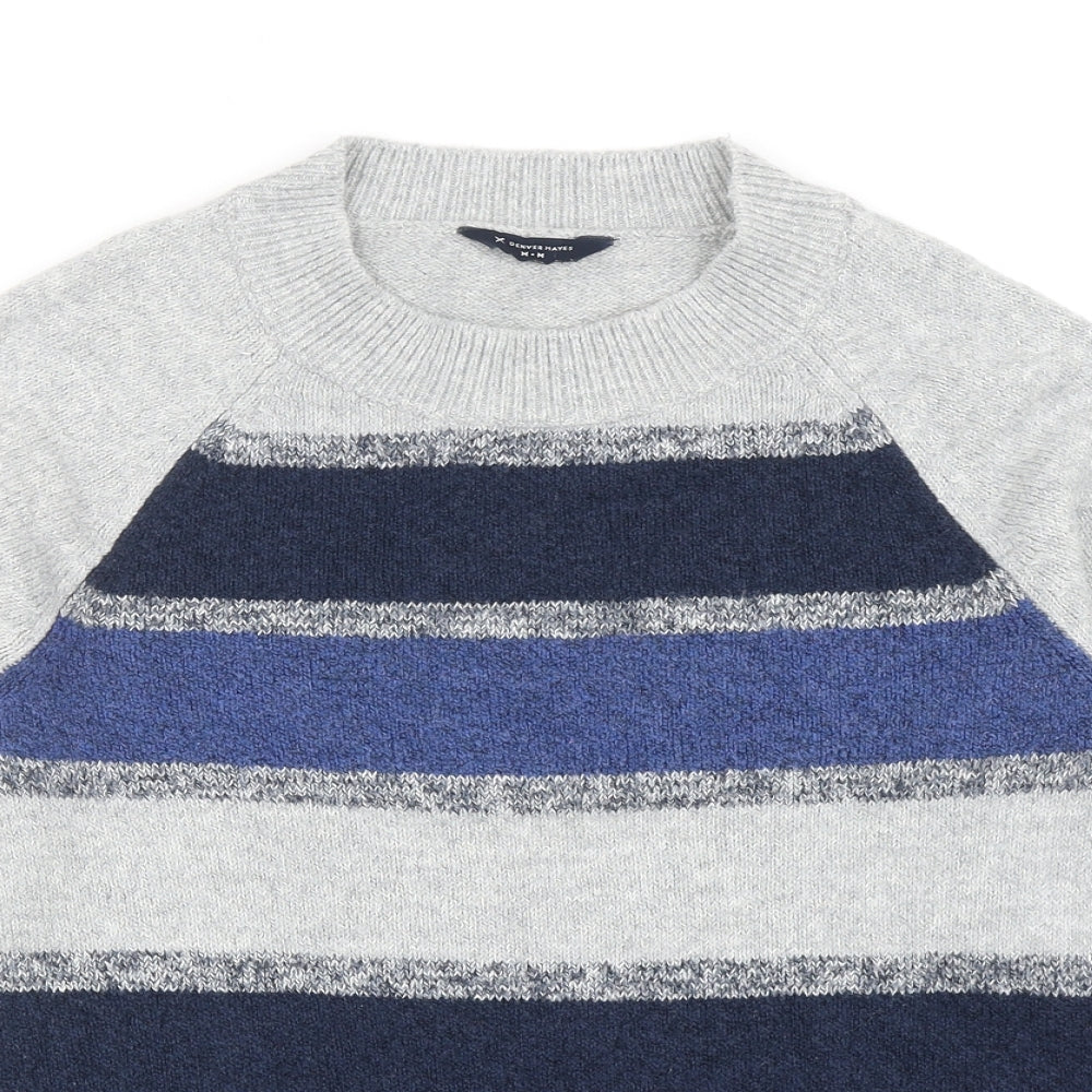 Denver Hayes Womens Grey Round Neck Striped Cotton Pullover Jumper Size M