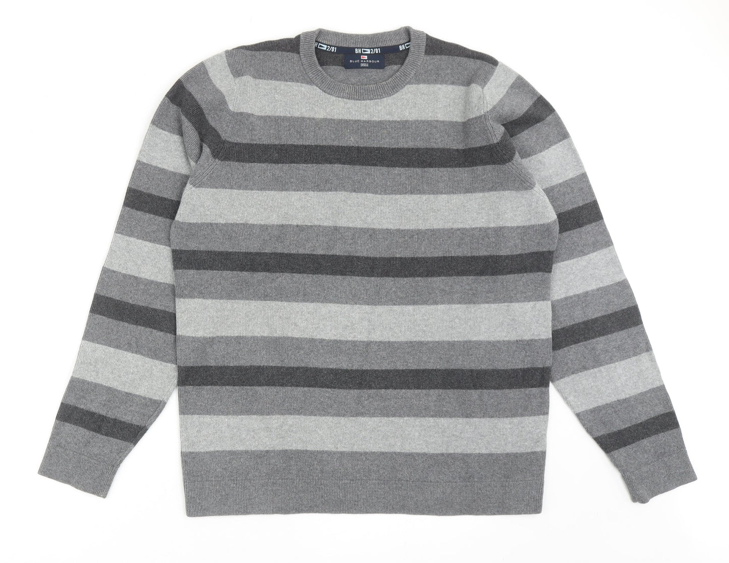 Blue Harbour Mens Grey Round Neck Striped Cotton Pullover Jumper Size S Long Sleeve
