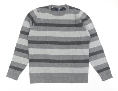 Blue Harbour Mens Grey Round Neck Striped Cotton Pullover Jumper Size S Long Sleeve
