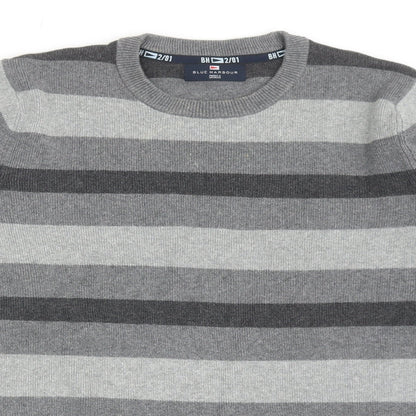 Blue Harbour Mens Grey Round Neck Striped Cotton Pullover Jumper Size S Long Sleeve