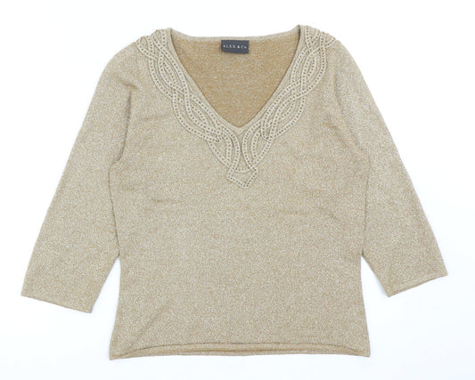 Alex & Co Womens Gold V-Neck Viscose Pullover Jumper Size 8