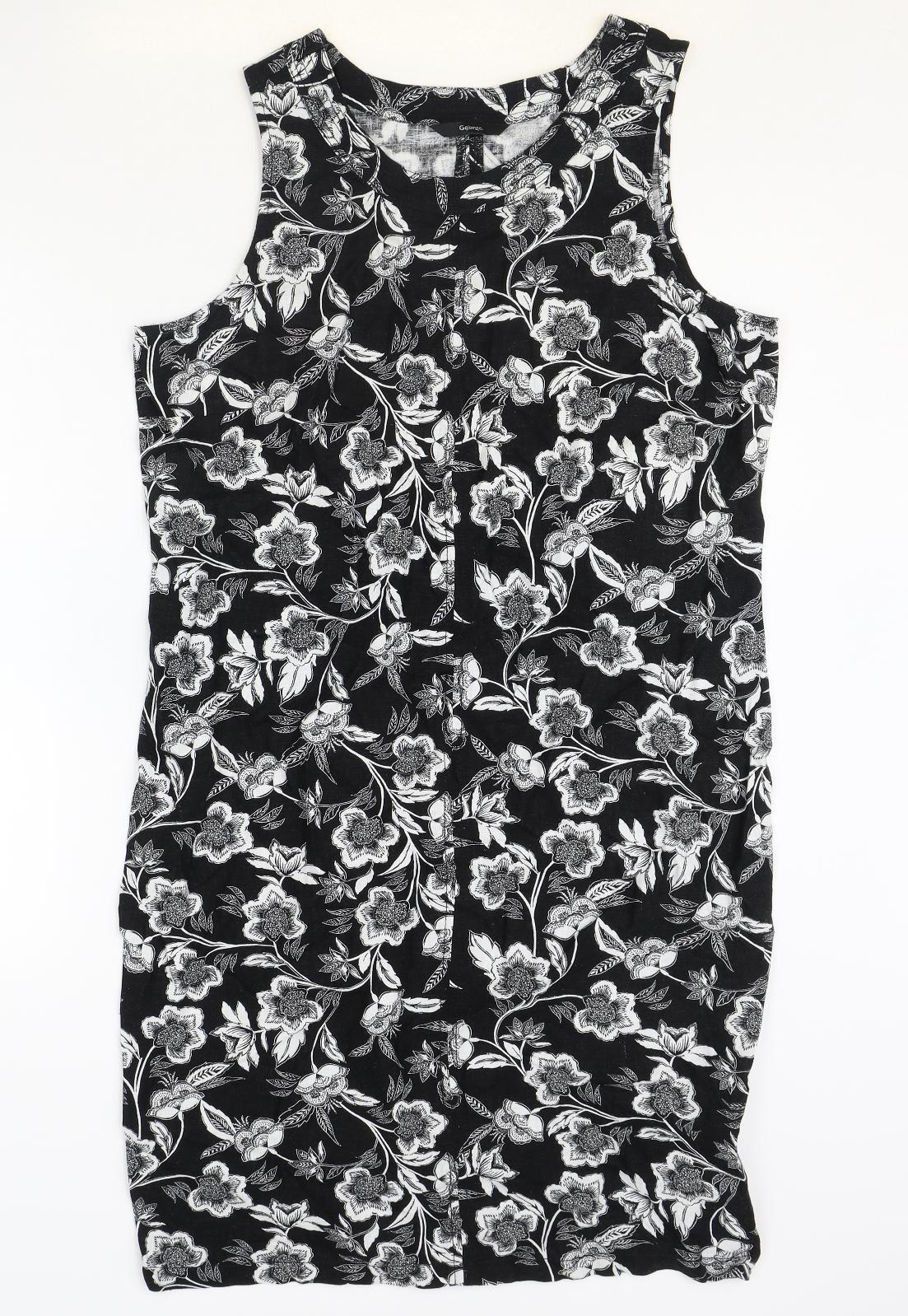 George Womens Black Floral Linen Shift Size 12 Scoop Neck Pullover