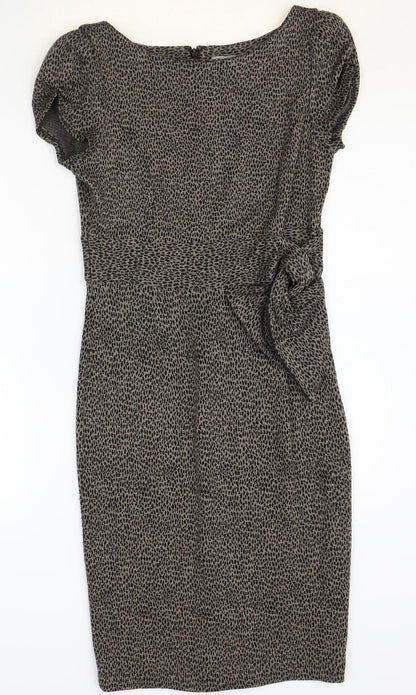 Marks and Spencer Womens Brown Animal Print Acrylic Pencil Dress Size 10 Boat Neck Zip - Leopard Print