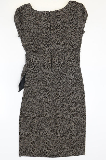Marks and Spencer Womens Brown Animal Print Acrylic Pencil Dress Size 10 Boat Neck Zip - Leopard Print