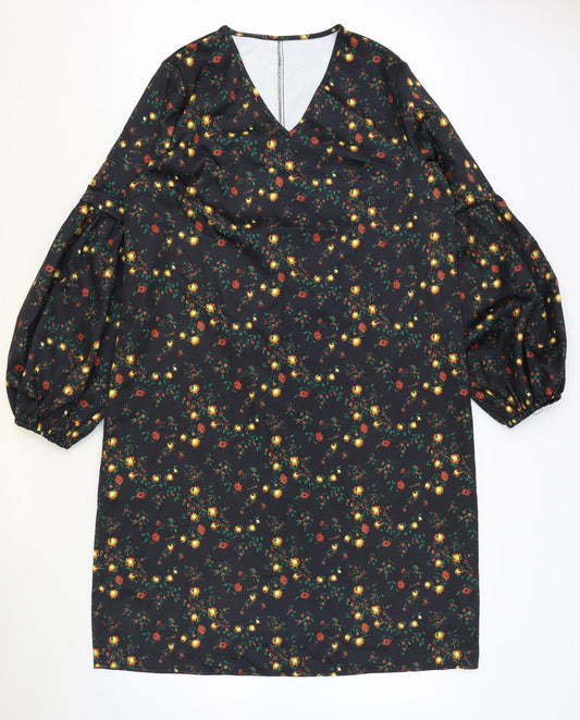 SheIn Womens Black Floral Polyester A-Line Size L V-Neck Pullover