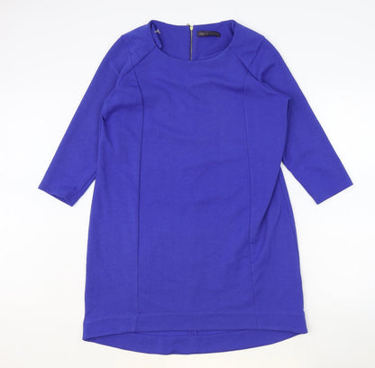 Marks and Spencer Womens Blue Polyester A-Line Size 14 Round Neck Zip