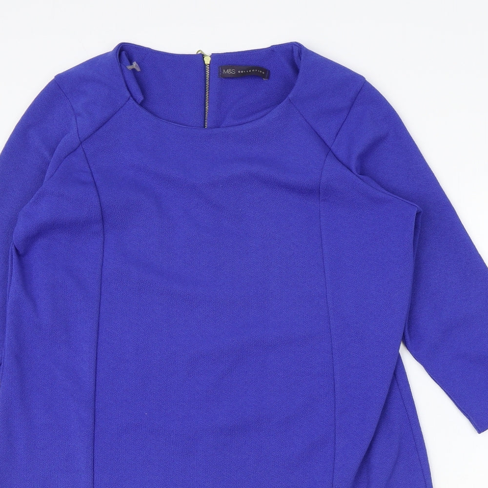 Marks and Spencer Womens Blue Polyester A-Line Size 14 Round Neck Zip