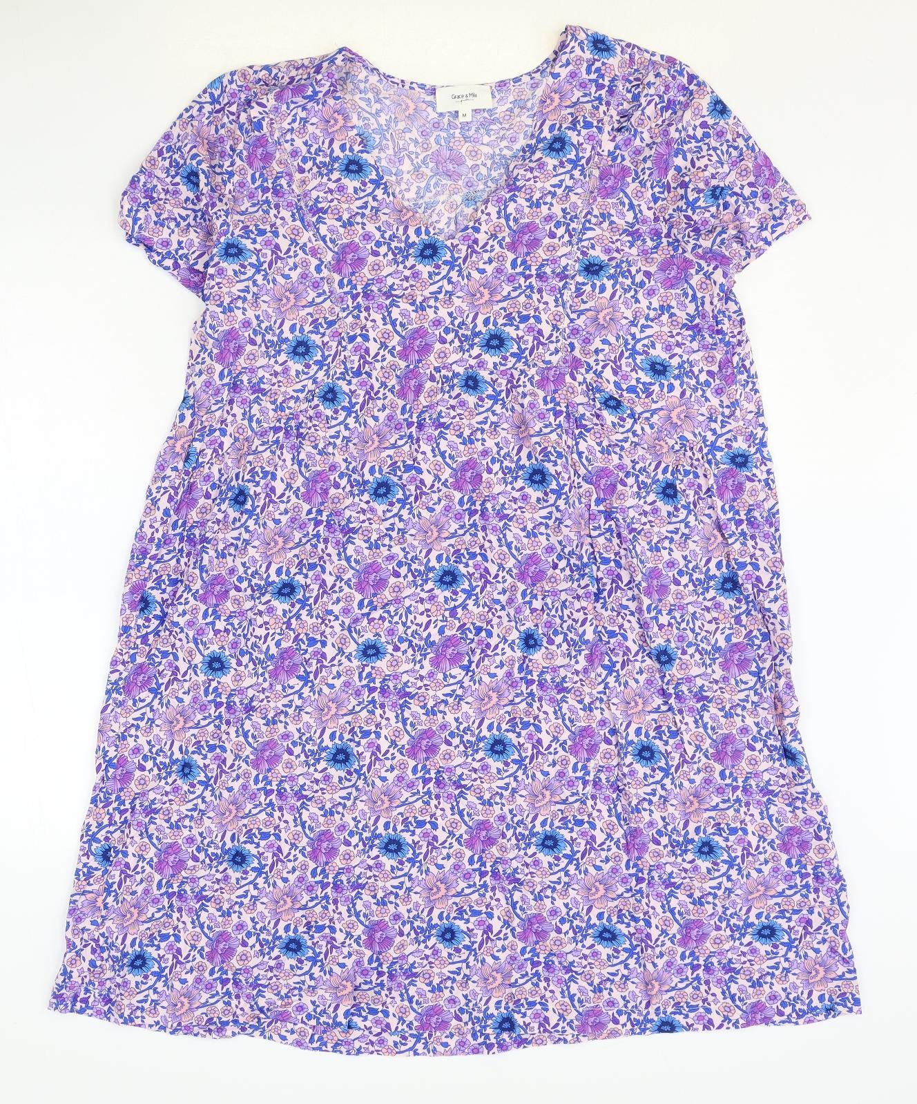 Grace & Mila Womens Purple Floral Viscose A-Line Size M V-Neck Pullover