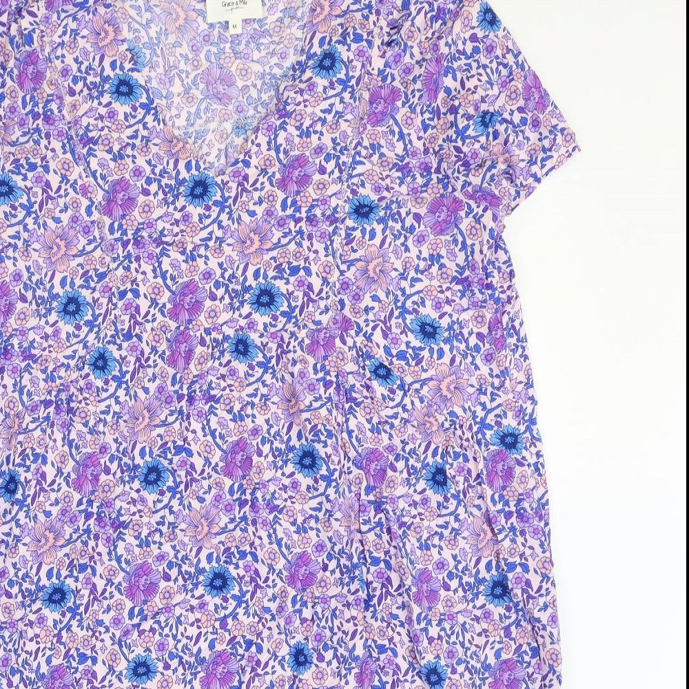 Grace & Mila Womens Purple Floral Viscose A-Line Size M V-Neck Pullover