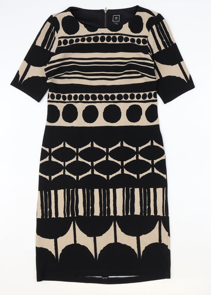 RMLL Womens Black Geometric Polyester A-Line Size 6 Round Neck Zip