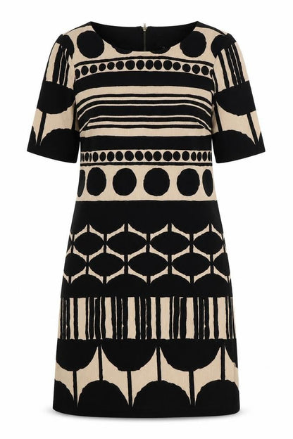 RMLL Womens Black Geometric Polyester A-Line Size 6 Round Neck Zip