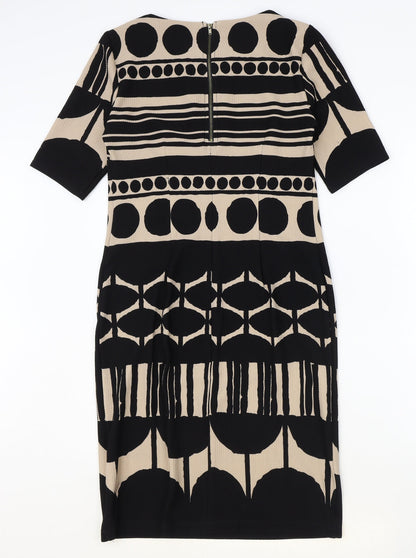 RMLL Womens Black Geometric Polyester A-Line Size 6 Round Neck Zip
