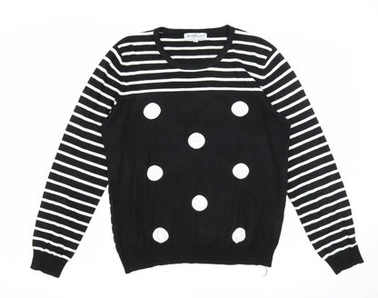 Mudflower Womens Black Scoop Neck Striped Viscose Pullover Jumper Size M