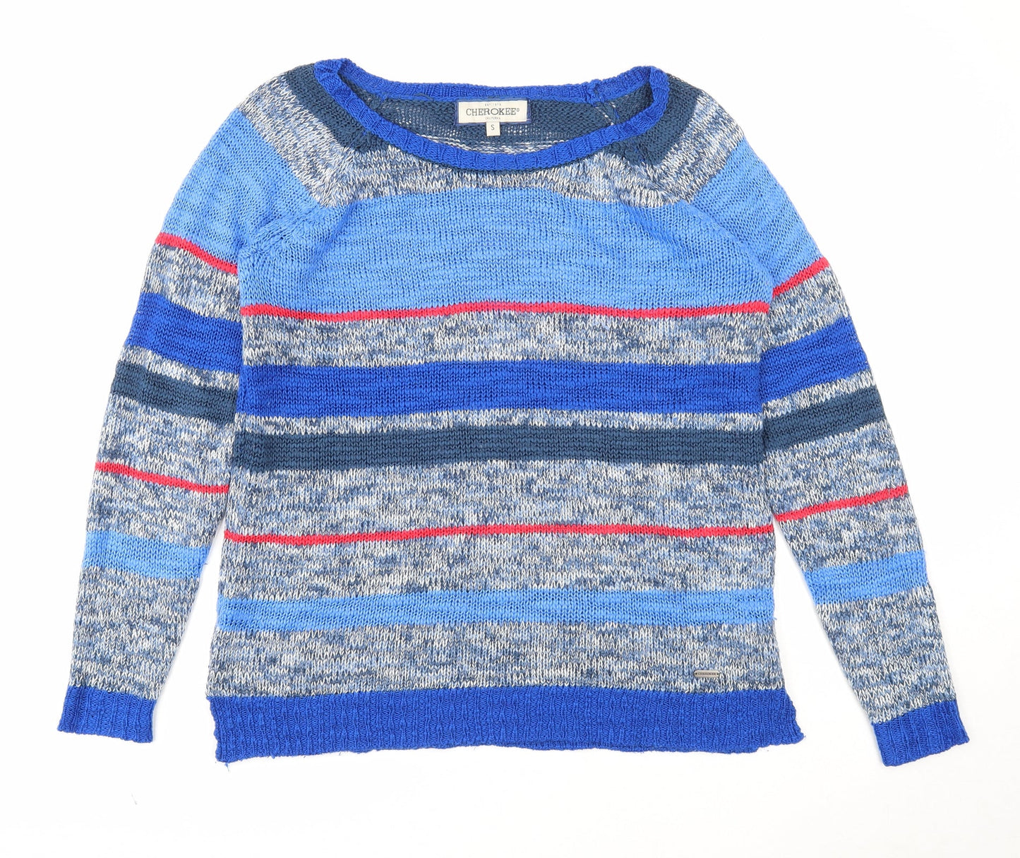 Cherokee Mens Blue Round Neck Striped Acrylic Pullover Jumper Size S Long Sleeve