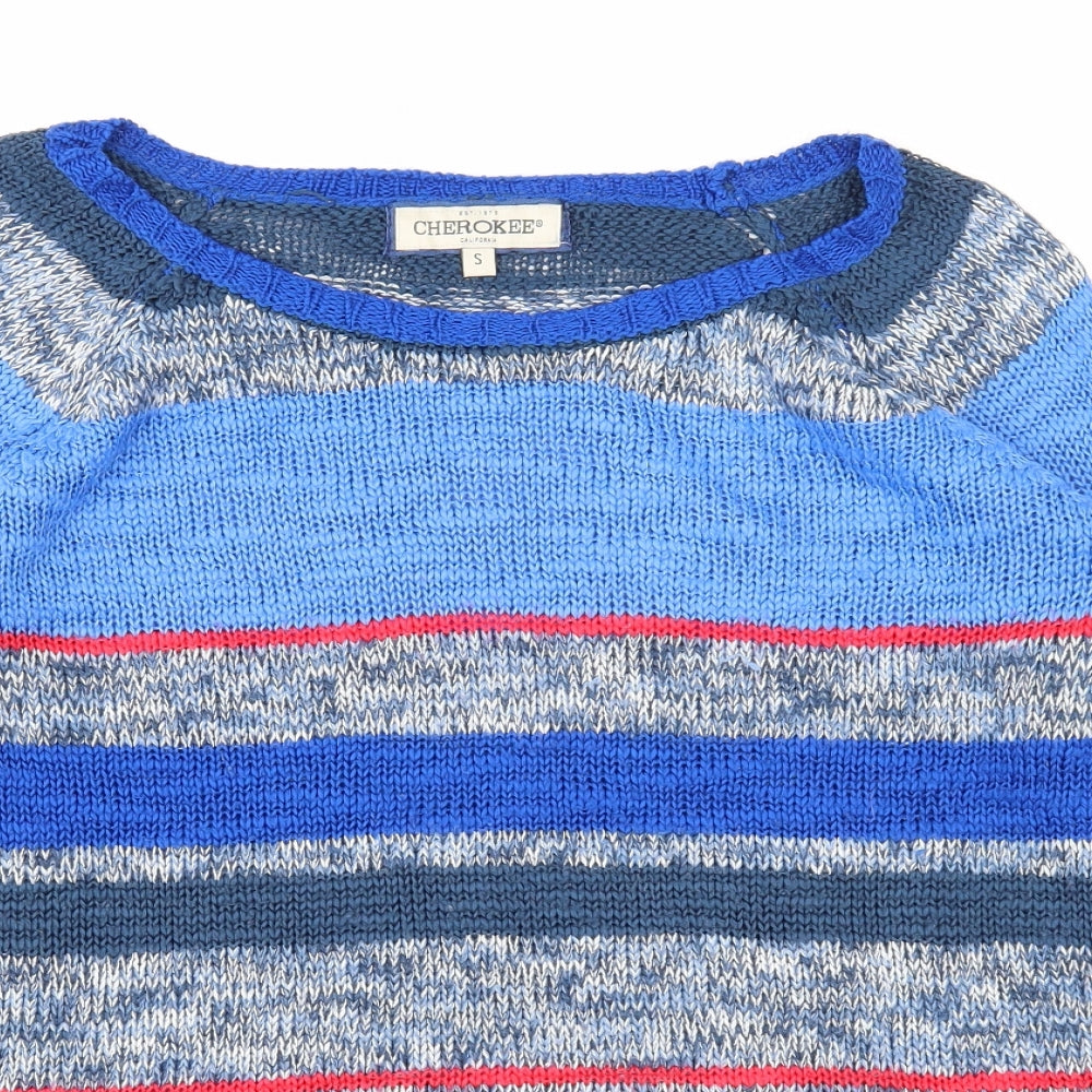 Cherokee Mens Blue Round Neck Striped Acrylic Pullover Jumper Size S Long Sleeve