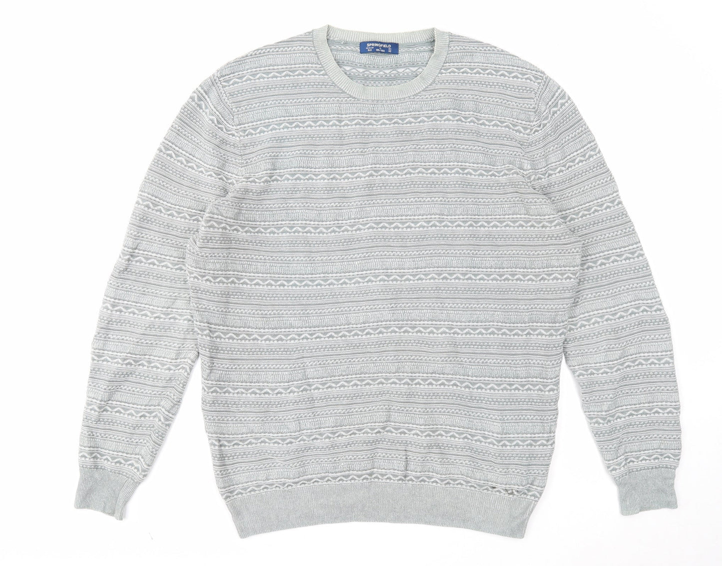 Springfield Mens Grey Round Neck Fair Isle Cotton Pullover Jumper Size XL Long Sleeve