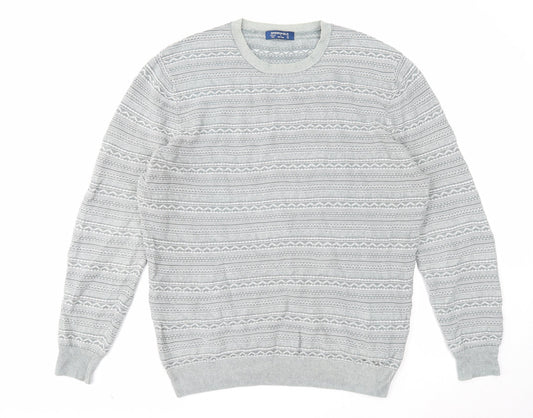 Springfield Mens Grey Round Neck Fair Isle Cotton Pullover Jumper Size XL Long Sleeve