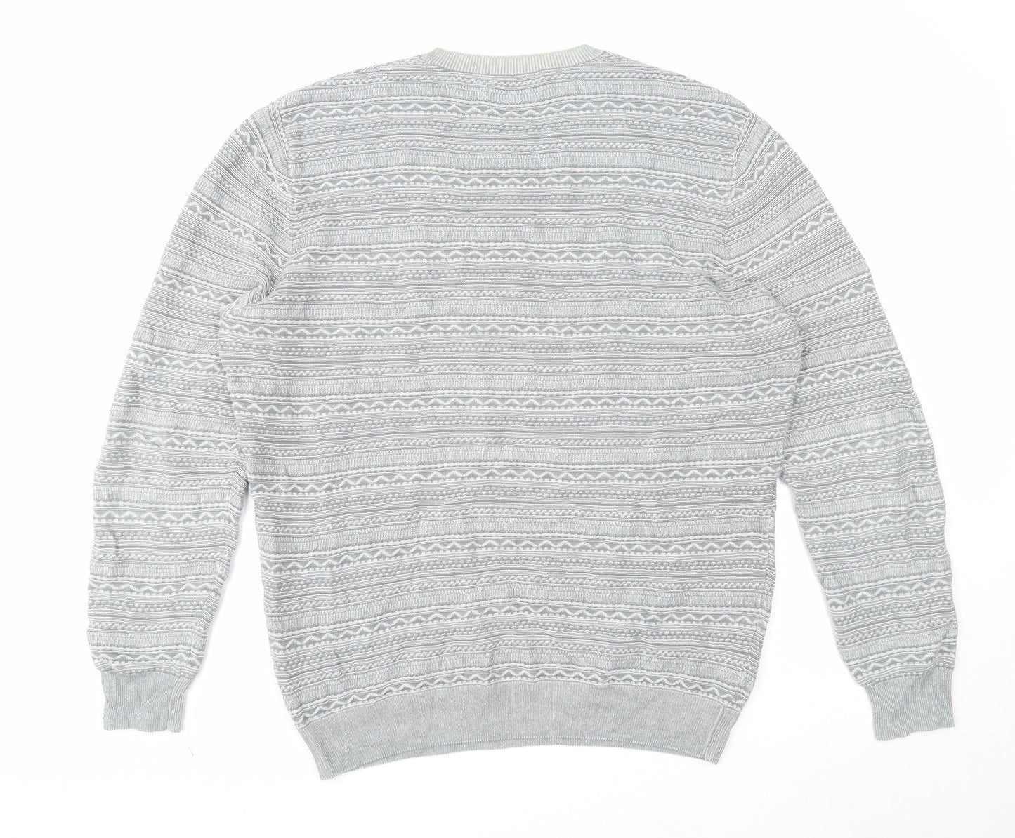 Springfield Mens Grey Round Neck Fair Isle Cotton Pullover Jumper Size XL Long Sleeve