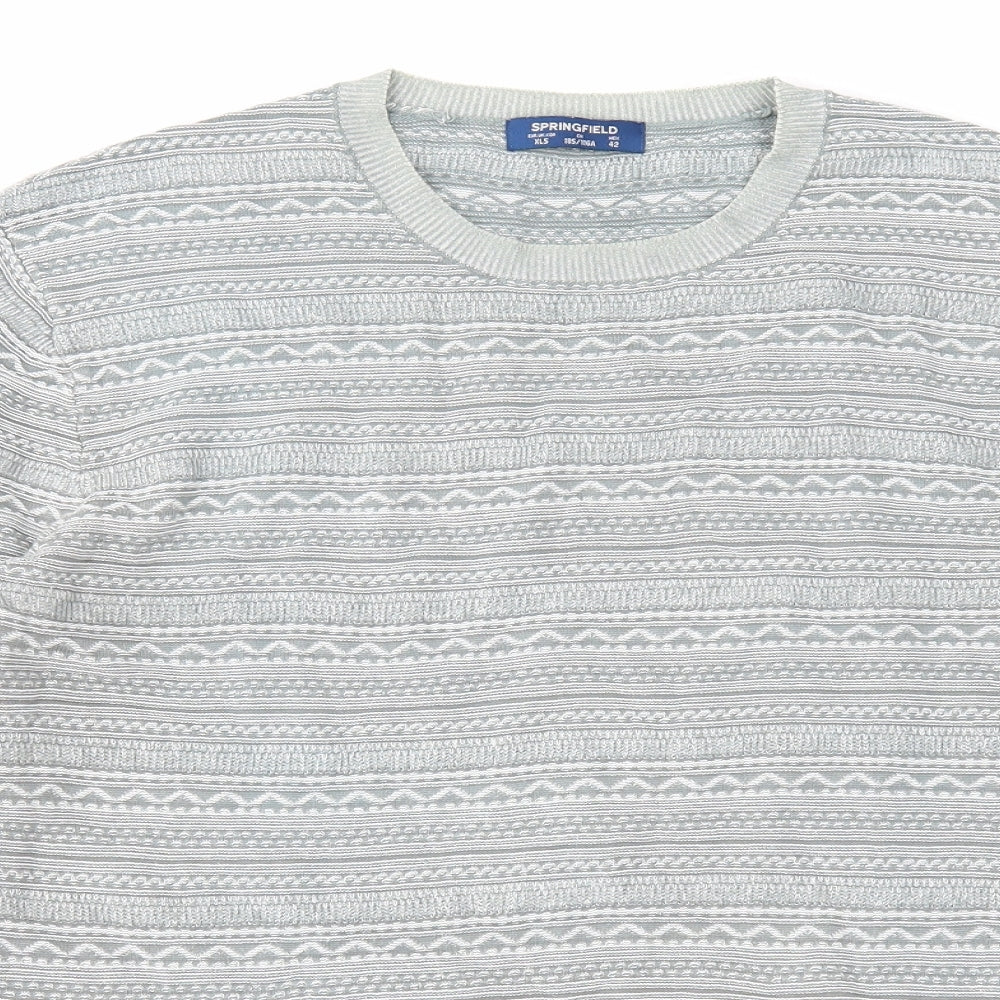 Springfield Mens Grey Round Neck Fair Isle Cotton Pullover Jumper Size XL Long Sleeve