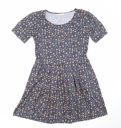 Preworn Womens Blue Floral Cotton Fit & Flare Size S Round Neck Pullover