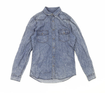 Topman Mens Blue Cotton Button-Up Size S V-Neck Snap