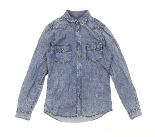 Topman Mens Blue Cotton Button-Up Size S V-Neck Snap