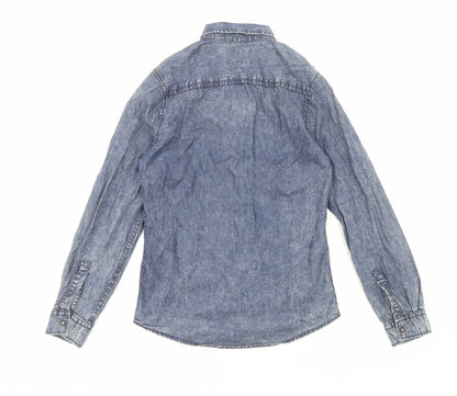 Topman Mens Blue Cotton Button-Up Size S V-Neck Snap