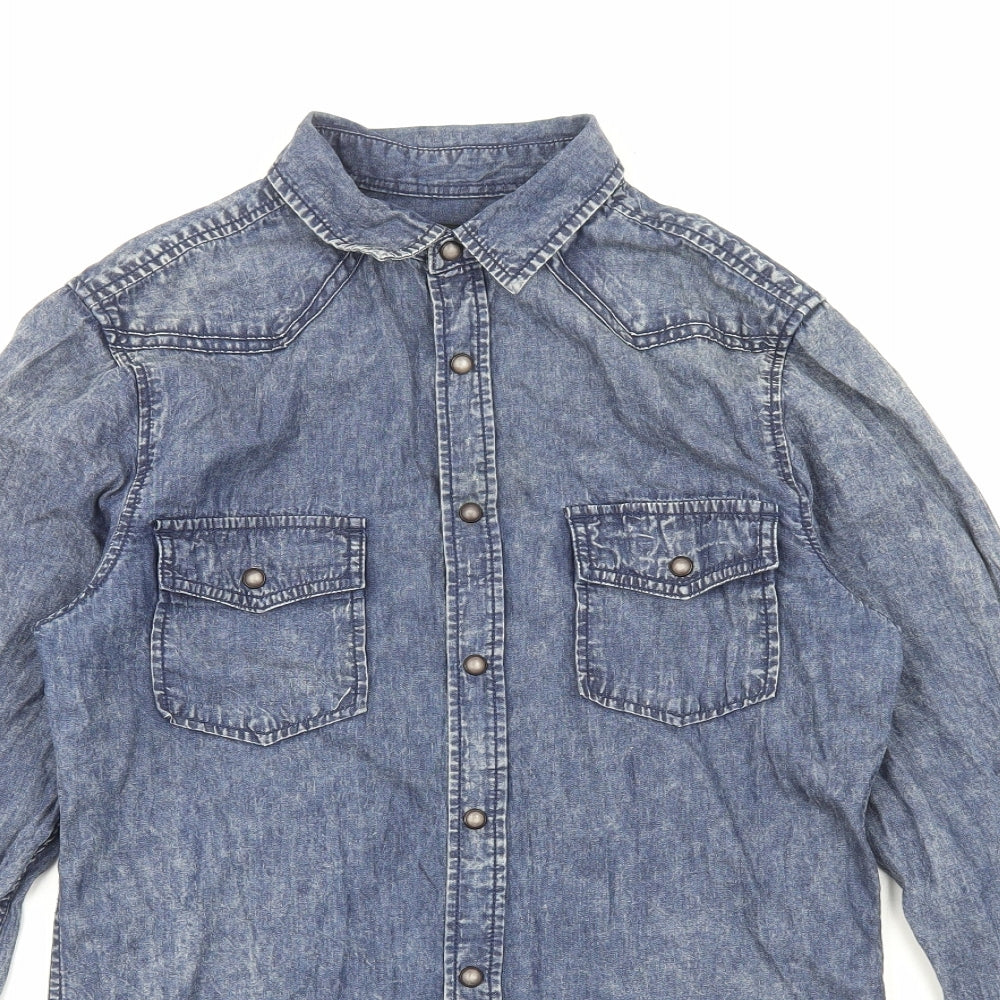 Topman Mens Blue Cotton Button-Up Size S V-Neck Snap