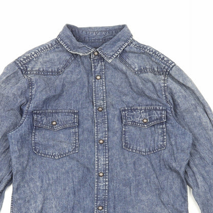 Topman Mens Blue Cotton Button-Up Size S V-Neck Snap