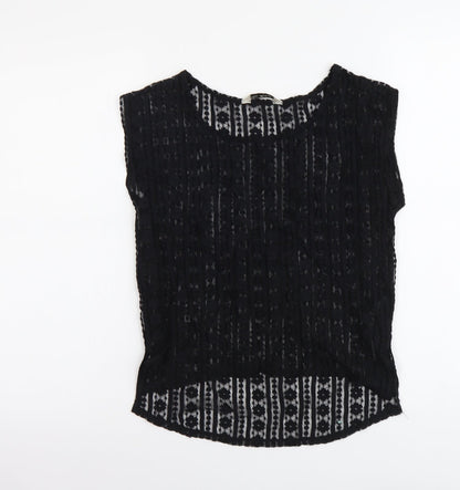 Miss Selfridge Womens Black Geometric Polyester Basic T-Shirt Size 8 Round Neck