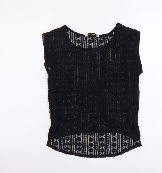 Miss Selfridge Womens Black Geometric Polyester Basic T-Shirt Size 8 Round Neck