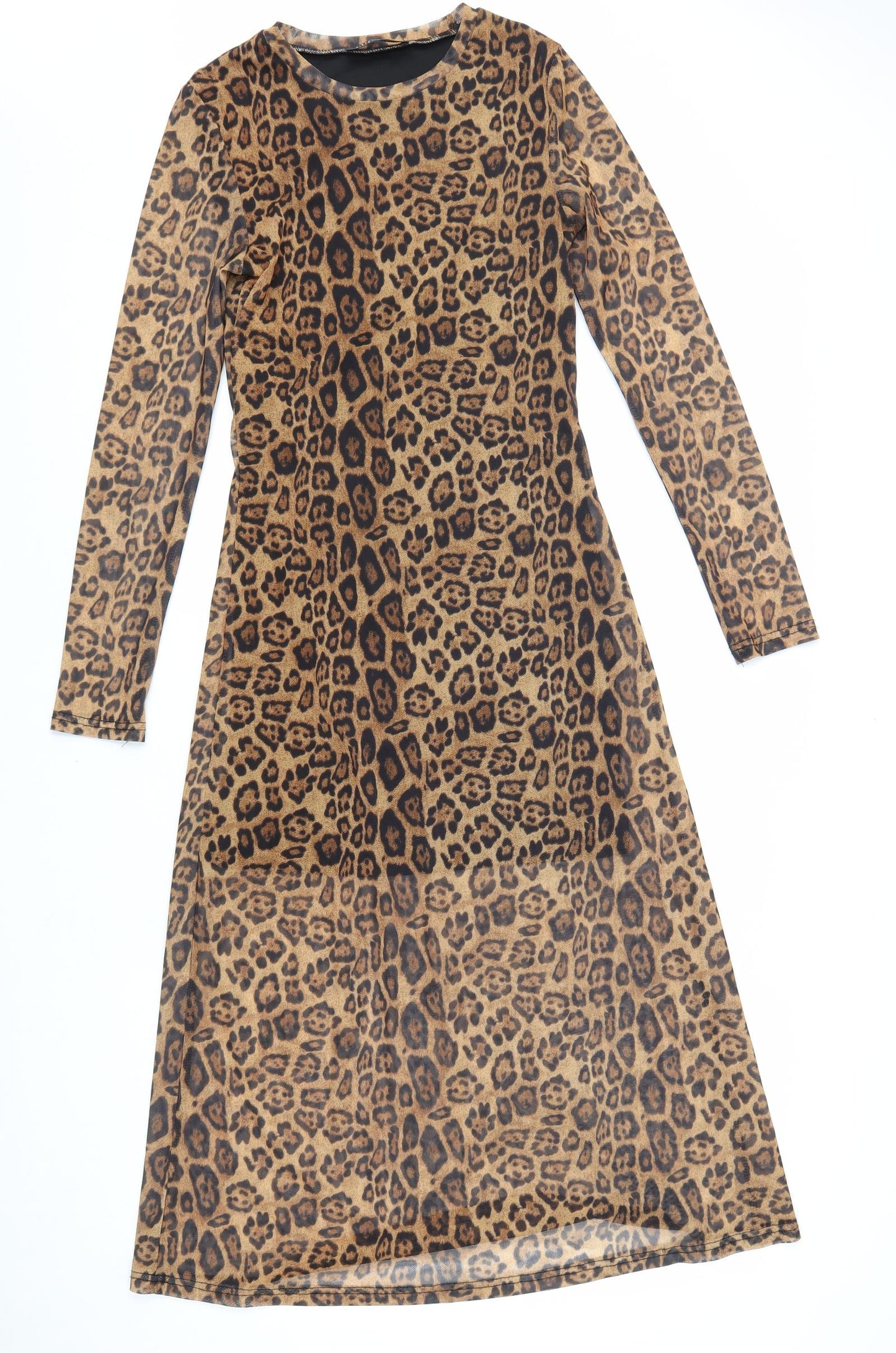 LUC-CE Womens Brown Animal Print Polyester A-Line Size S Round Neck Pullover - Leopard Pattern