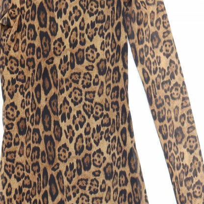 LUC-CE Womens Brown Animal Print Polyester A-Line Size S Round Neck Pullover - Leopard Pattern