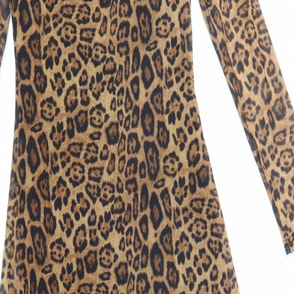 LUC-CE Womens Brown Animal Print Polyester A-Line Size S Round Neck Pullover - Leopard Pattern